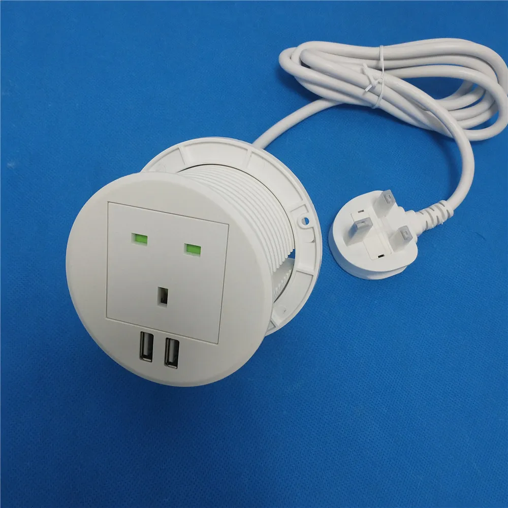 Factory white 3pin 13A UK power outlet 2 usb charging Round desk grommet power usb socket built in office desk 80mm hole