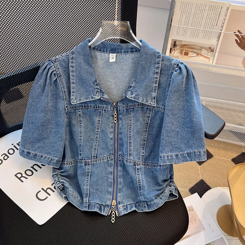 Kurzarm-Jeans jacke für Frauen Sommer dünne Mode Reiß verschluss Turndown Kragen Freizeit hemd 2024 neue Puff ärmel lose Jacke