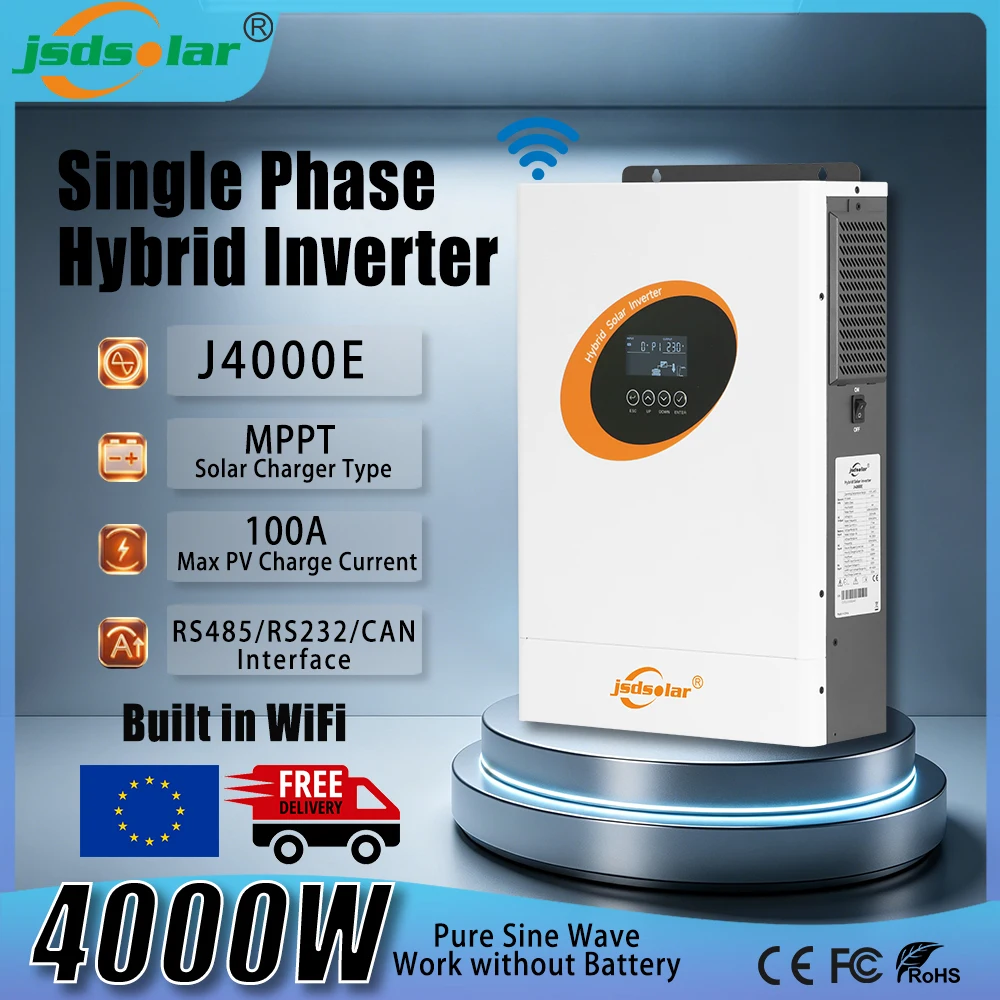 Convertisseur hybride monophasé Jsdsolar J4000E 100A MPPT 40-500V large plage avec surveillance WiFi, prend en charge les interfaces RS485, RS232, CAN et BMS.