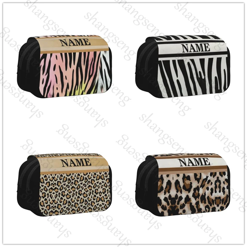

Zebra Leopard Custom Letters Double Layer Flip Pencil Bag School Supplies Children's Pencil Box Storage Cosmetic Bag Gift DIY