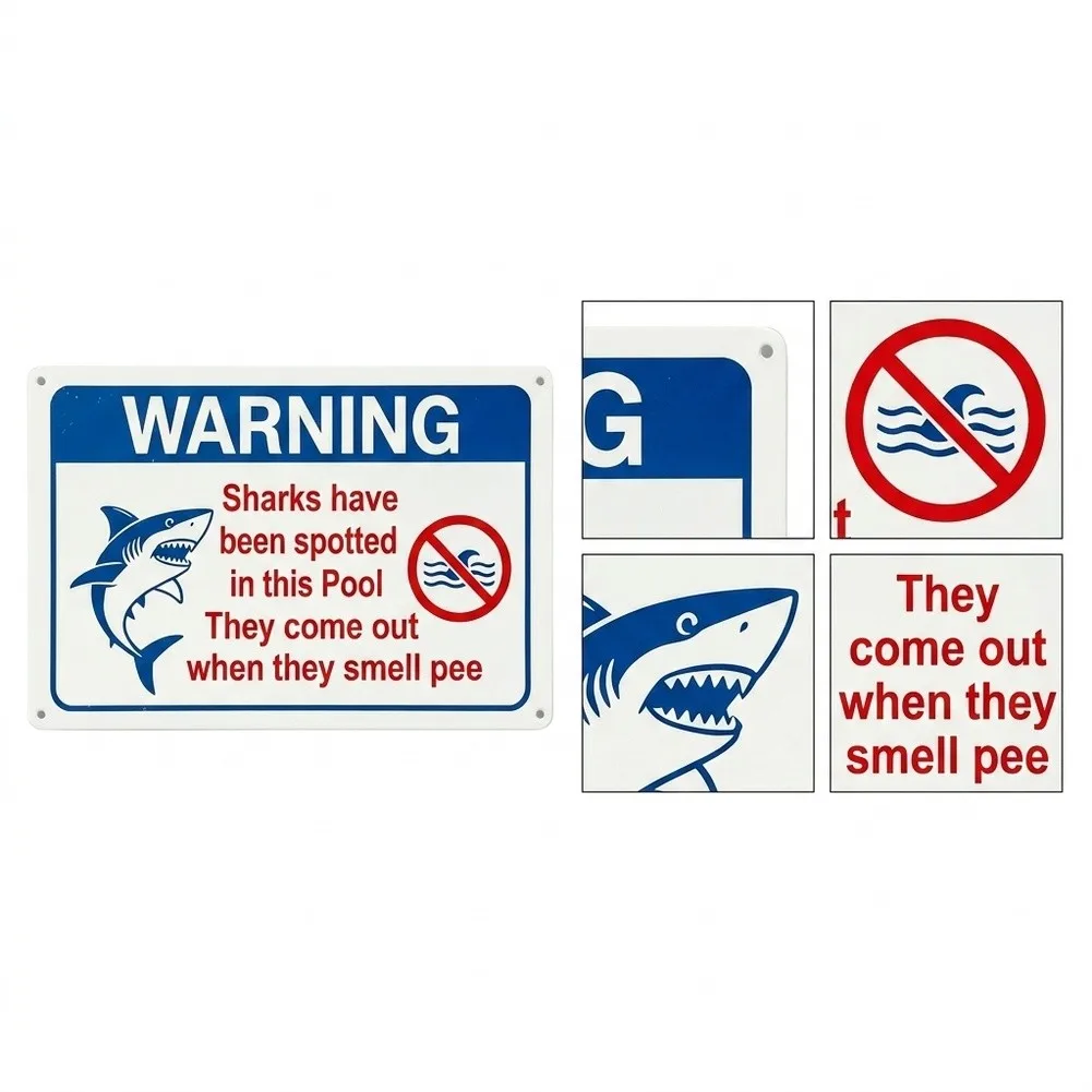 Blue Shark-Themed Pool Sign 12x8 Inch Metal Don't Pee in Our Pool Humorous Outdoor Decor for Backyard Fence or Wall