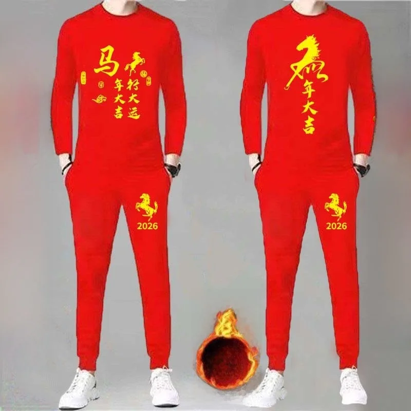 

Износостойкий комплект из красного вельвета: повседневная молодежная универсальная одежда с принтом, длинная футболка и длинные брюки из смесового полиэстера