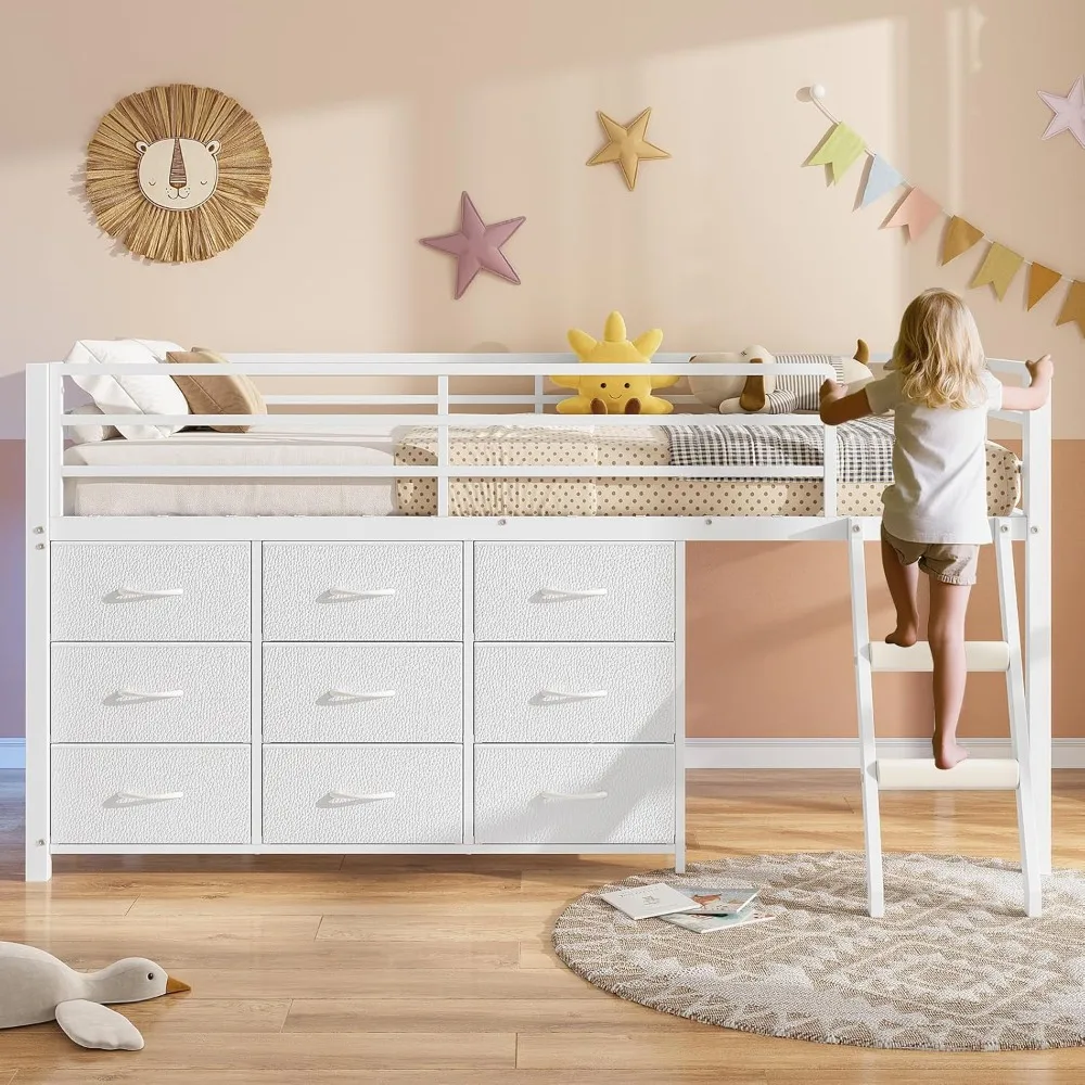 เตียงสองชั้นสำหรับเด็ก, เตียงสองชั้นขนาดเล็กพร้อมตู้เก็บของ 9 ช่อง, ไฟ LED, ชั้นวางของ 2 ชั้นและบันได, โครงโลหะสีขาว