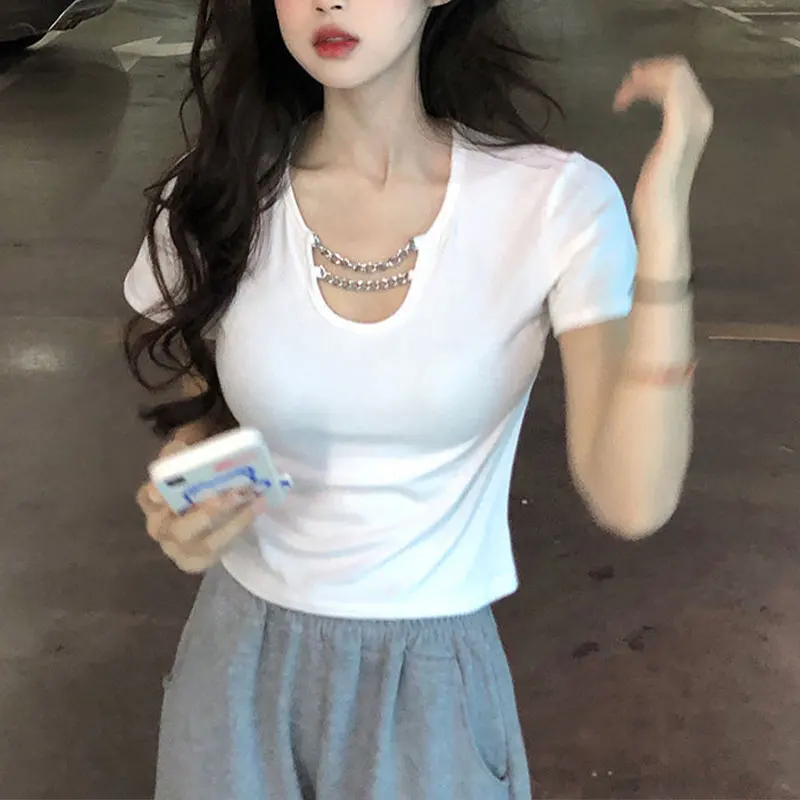 

Elegant Fashion Harajuku Slim Fit Female Clothes Loose Casual All Match Tops High Waist Hollow Out Sexy Solid Short Sleeve Tees
