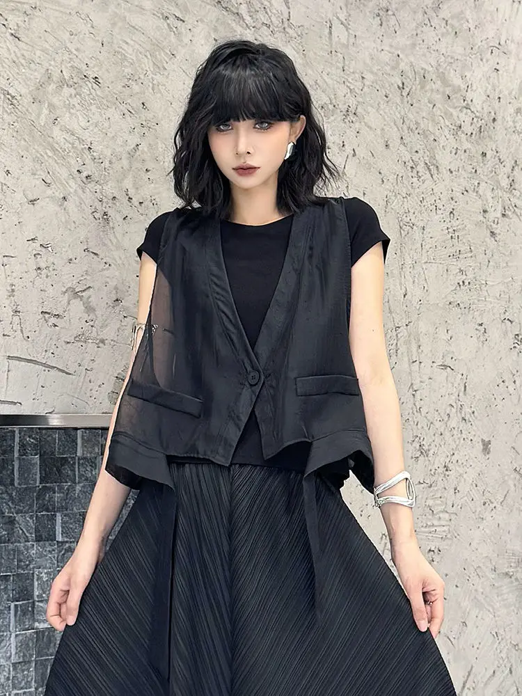 

Y2k винтажный черный универсальный жилет, женское пальто, лето 2021, новые свободные куртки, модные топы без рукавов с нерегулярным v-образным вырезом Mujer