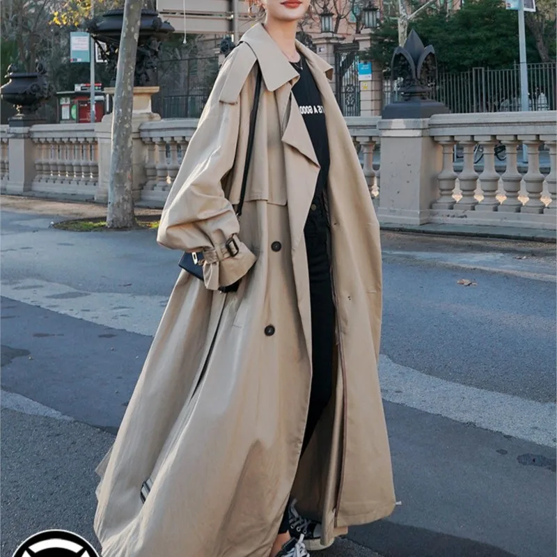 

Khaki Trench Coat for Women New Loose Temperament Long to Ankle Overcoat