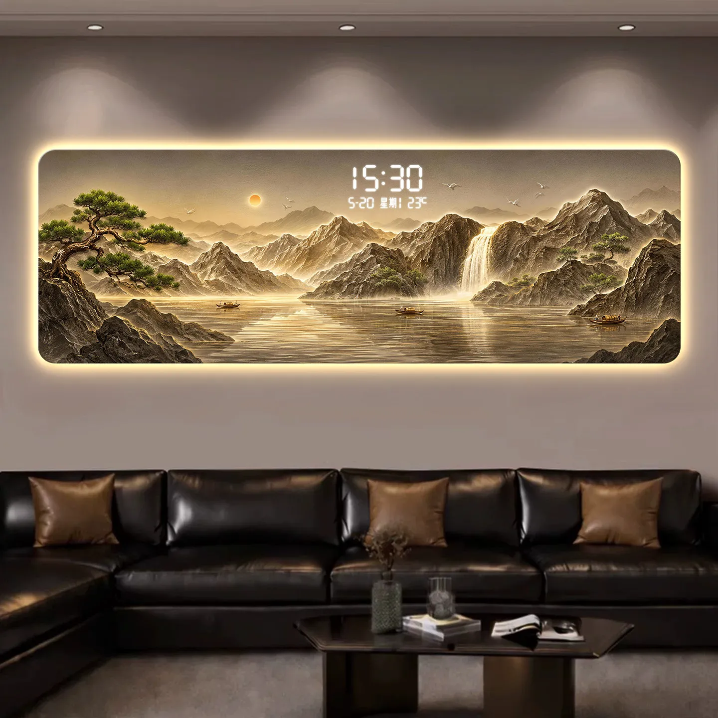 New Chinese style flow generating wealth living room decoration painting electronic clock background wall LED clock wall lamp pa