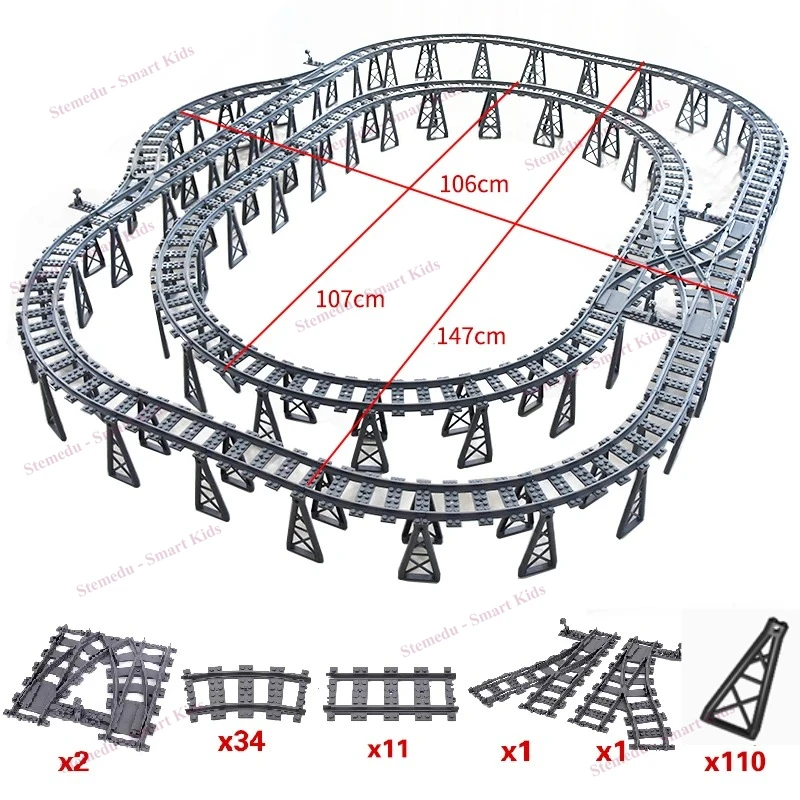 Image of Stadtzüge, Eisenbahnschienen, Schienen, manuelle Ebene, Kreuzung, gegabelte gerade gebogene Brücke, flexibler Schalter, Bausteinspielzeug