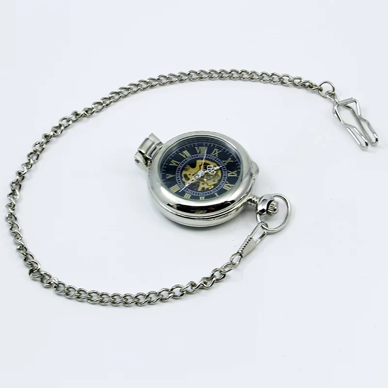 Silver Mechanical Pocket Watch for Men Gifts Fob Chains Skeleton Steampunk Hand-Winding Mechanical Watch Anniversary Gift