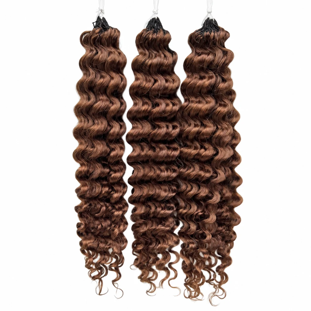 Miracle Knots #4 Brown Deep Wave Crochet Human Hair Pre Separated Feather Extensions Knotless Invisible Virgin Remy Soft Natural Wavy Texture Lightweight Boho Braiding Hair DIY Protective Style - view 6