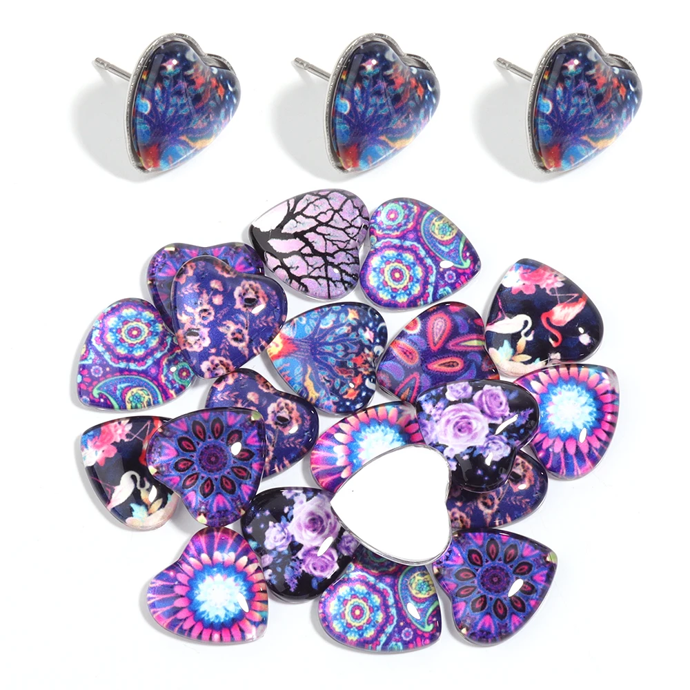 10pcs/lot  Purple Flower  Tree Glass  Cabochon Beads Heart Shape Glass Flatback Loose Beads For Diy Jewelry Ring Necklace