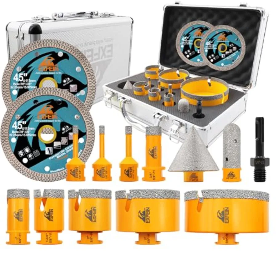 

Diamond Tile Hole Saw Kit 14pcs 6/6/8/19/25/35/50/75/102mm Drill Bits and Adapter with 4/5" Finger Bit and 2" Chamfer Bit and 2