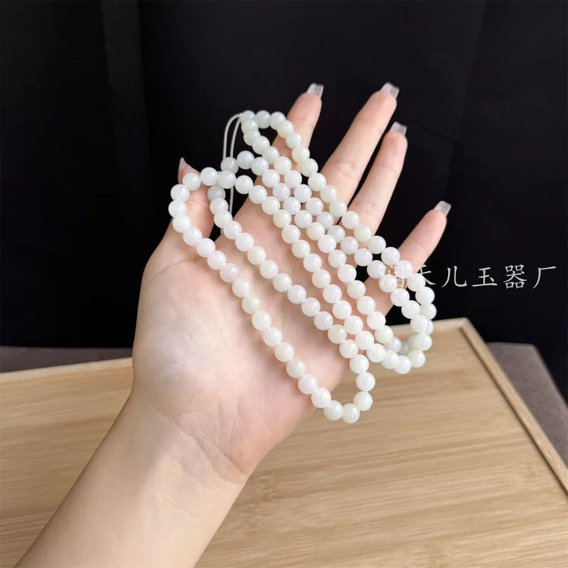 8Mm 108 Necklace, Hetian Sheep Fat White Jade Round Beads Multi-Loop Bracelet Bead Chain