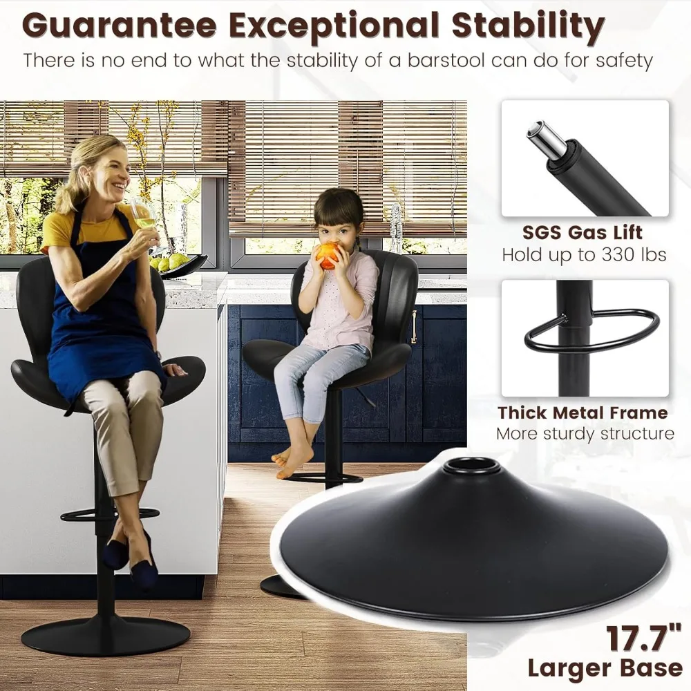 Modern Adjustable Bar Stools Set of 2, Faux Leather Upholstered Swivel Counter Stools, Counter Height Bar Stools with Large Bas