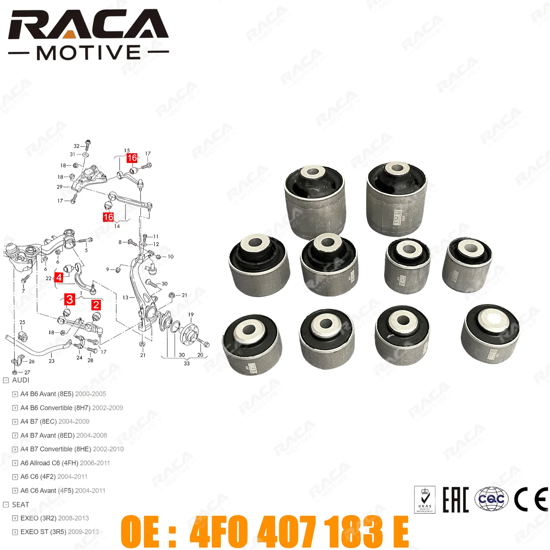 

Комплект втулок рычага управления передней осью/поперечного рычага для Audi A4 B6 B7 (8E5/8H7/8Ec/8Ed/8He), A6 C6 (4Fh/4F2/4F5), Seat Exeo (3R2/3R5) 4F0407183E