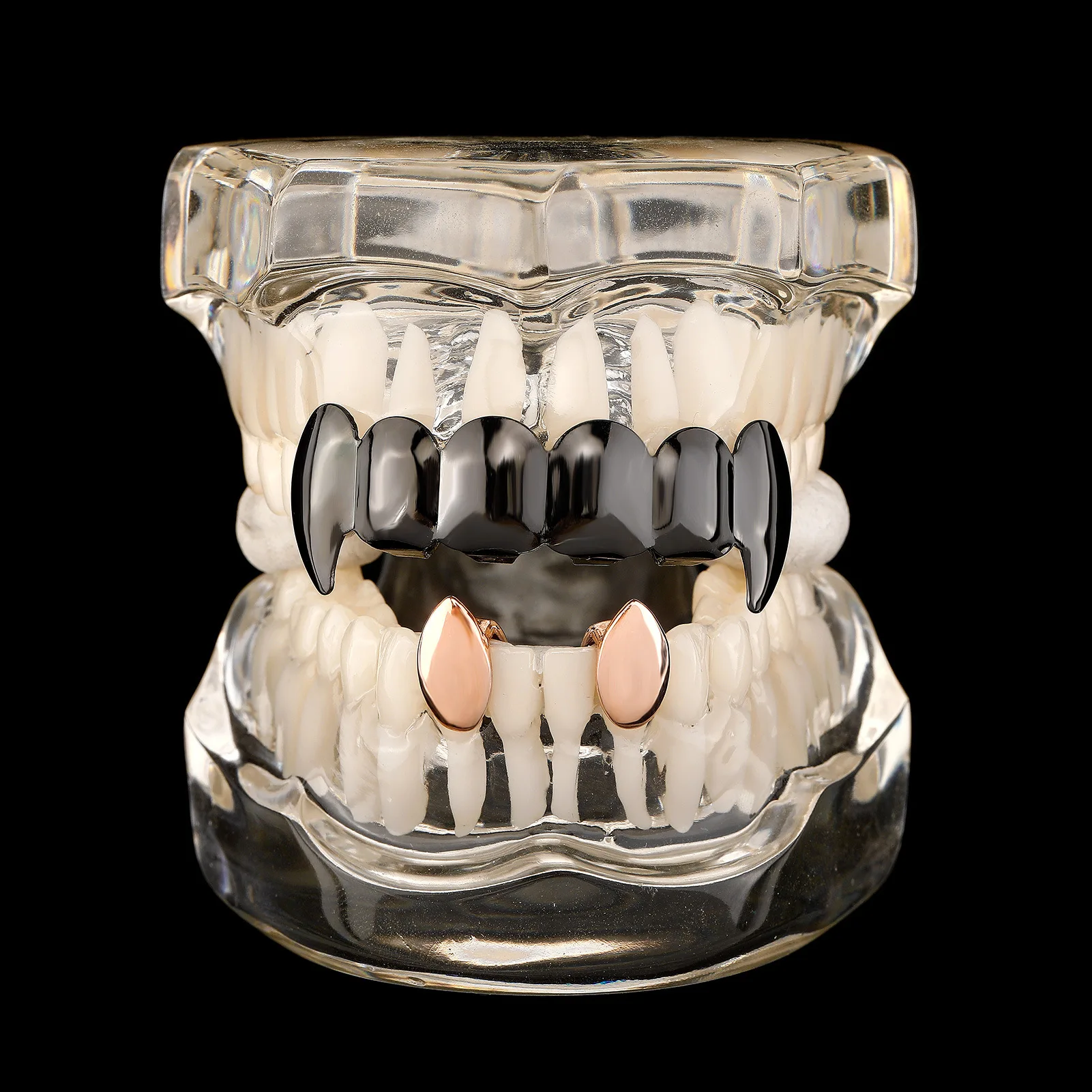 Iced Out Vampire Fangs Grillz Mixed Color Black Rose Gold Top Bottom Set Halloween Hip Hop Rapper Teeth Grills Wholesale Jewelry