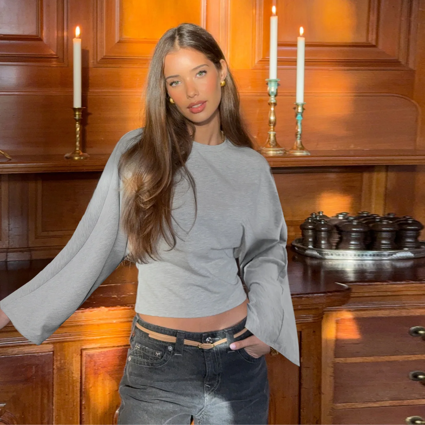 

Elegant Solid Loose Basic Crop Tops Fashion Women Pleated O-Neck Autumn Long Sleeve T-Shirts Casual Commute 2025 Pullovers Tees