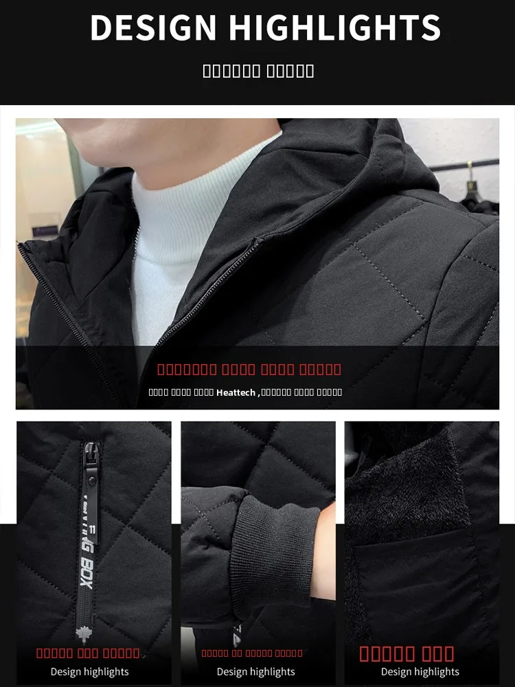الرجال Thiened القطن Jaet الخريف الشتاء Faion الحضرية Sle عارضة مقنعين Fce اصطف الدفء ملابس خارجية ألياف البوليستر #4