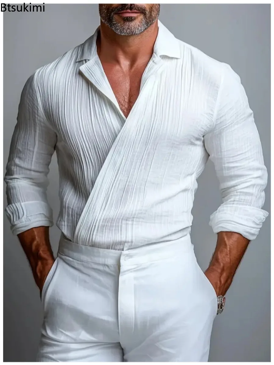 New Men's Pleated Textured Shirt Men Spring Solid Color Long Sleeve Lapel Old Money Style Criss-cross Design Breathable Shirt
