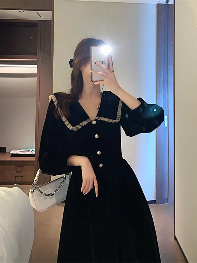 Black Velvet Dress Women Early Autumn New French sle High-Grade Temperament Long dress Waist Hugging Slimming Hepburn Sle...