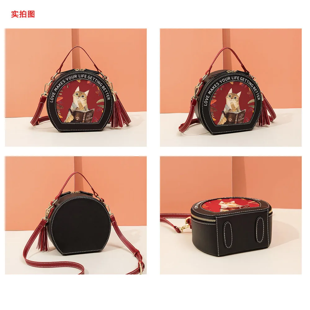 Cute Cat Small Round Bag Ladies Shoulder Bag Crossbody Bag Women's Fashion Butterfly Print Casual HandBag