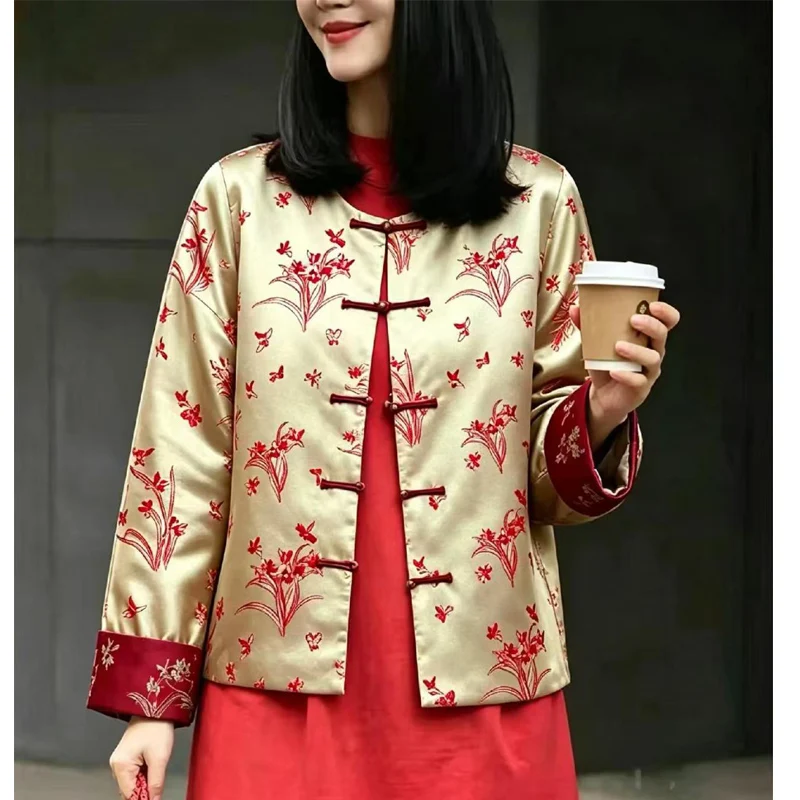 2026 Autumn Winter Women Round Collar Silk Wool Blend Fabric Butterfly Jacquard +Contrast Color Cuffs Elegant Lady Cotton Jacket