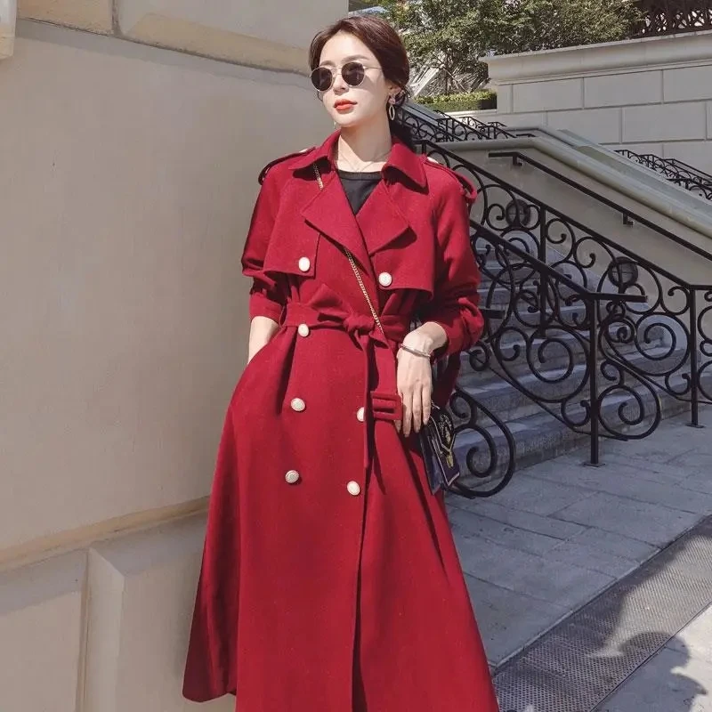 Autumn New Women Mid-Length Trench Coat With Belt Lapel Double-breasted Wine Red Black Elegant Female Windbreaker Windproof Coat