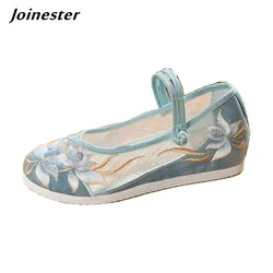 Women Air Mesh Embroidered Summer Shoes Ethnic Mary Jane Dress Pumps Internal Height Increased Ladies Retro Breathable Sandals