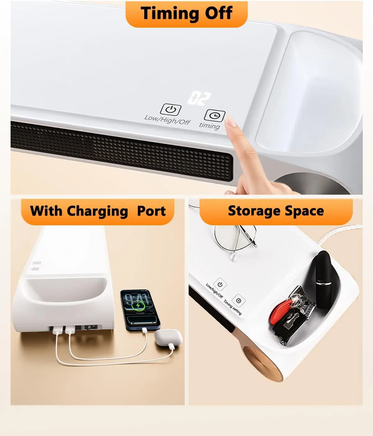 Schreibtischheizung 330 W, 2-in-1 mit USB-Aufladung und Aufbewahrung, Weiß