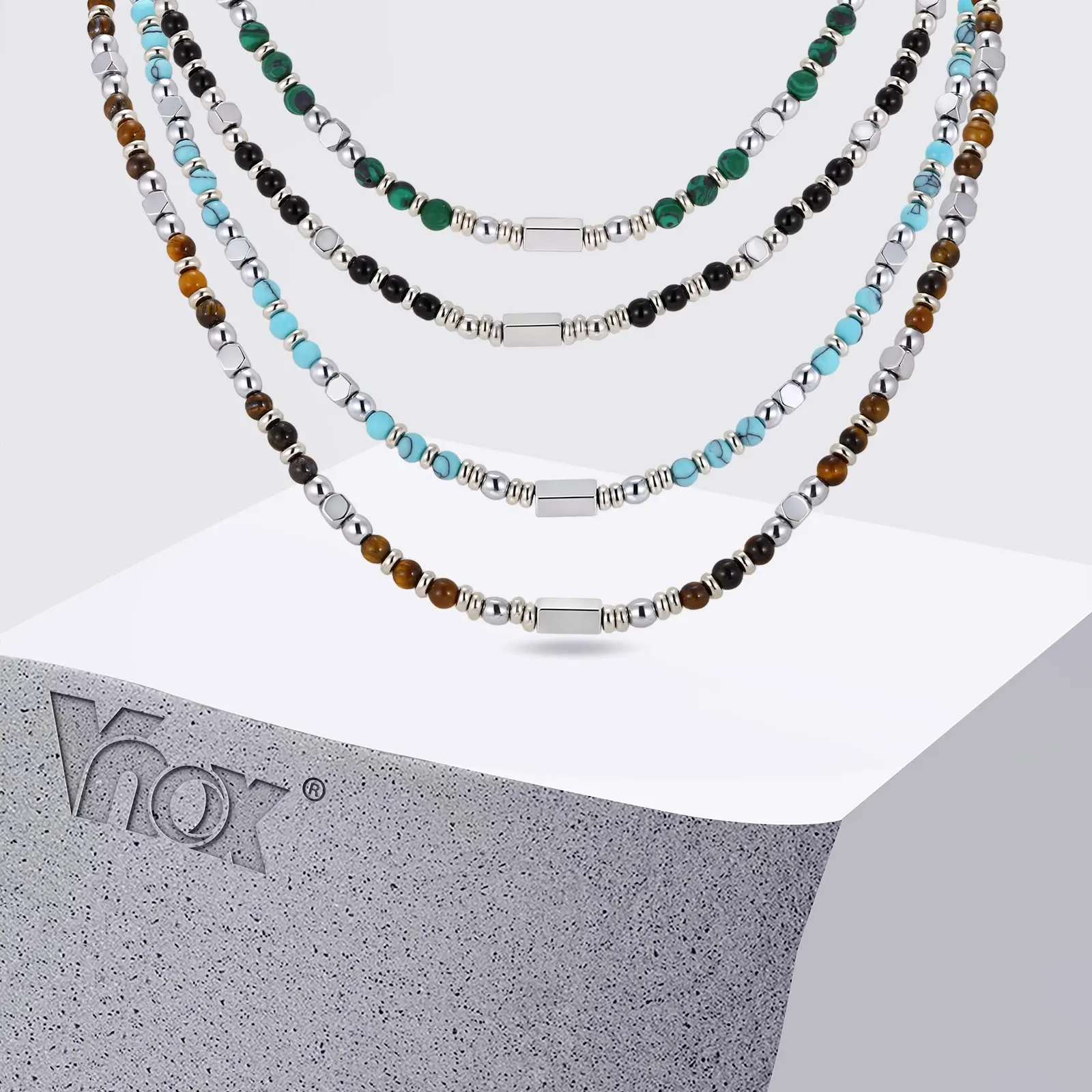 Vnox Stainless Steel Natural Stone Beaded Necklace for Men Women, Trendy Charm Choker, Bohemia 45-53cm Adjustable Length Jewelry - view 2