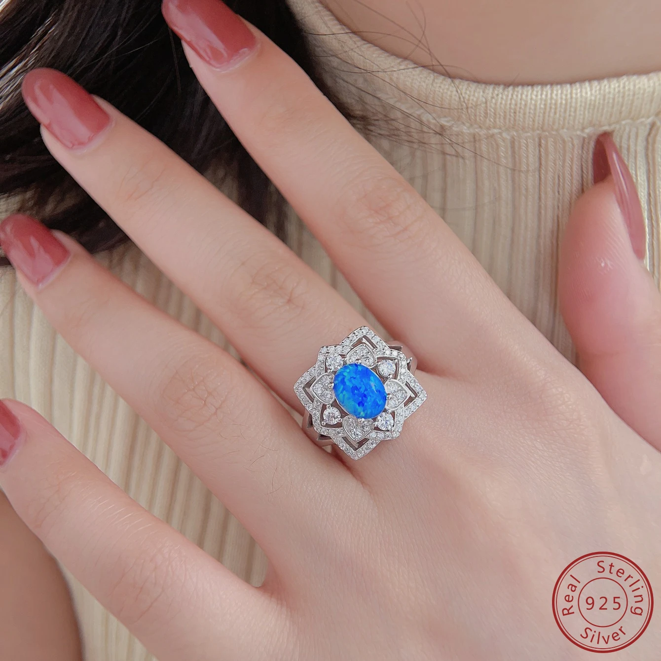 2023 Europe and America 925 Sterling Silver Ring Flower pattern Blue opal Stone With For Women Valentine\'s Day Romantic Gift