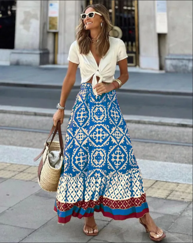 Summer Women's Geometric Pattern Summer New Style Printed Loose Splicing Beach Vacation Skirt For Women