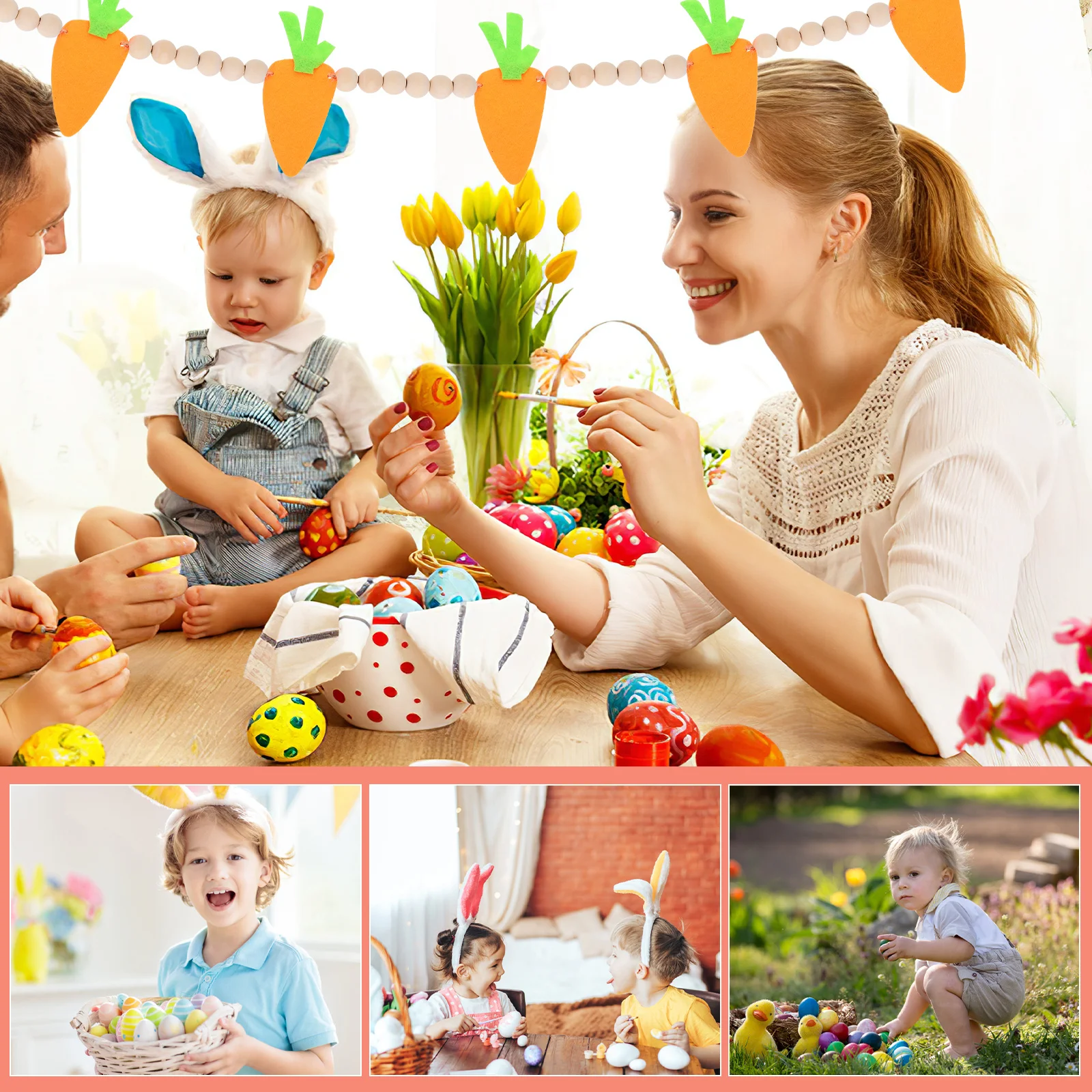 

1Set Easter Wooden Bead Garland Carrot Charm Rustic Farmhouse Hanging Decoration Tiered Tray Decor Home Party DIY Accent