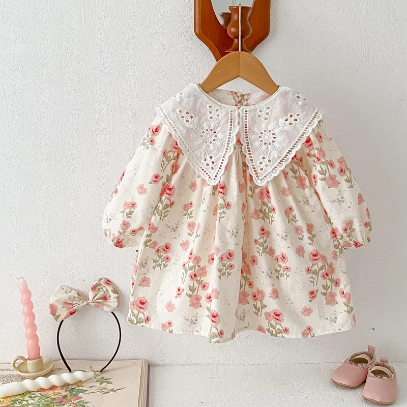 2024 Spring Baby Girls Korean Long Sleeve Sisters Clothes Cotton Floral Lace Long Sleeve Infant Girl Romper Kids Girls Dress