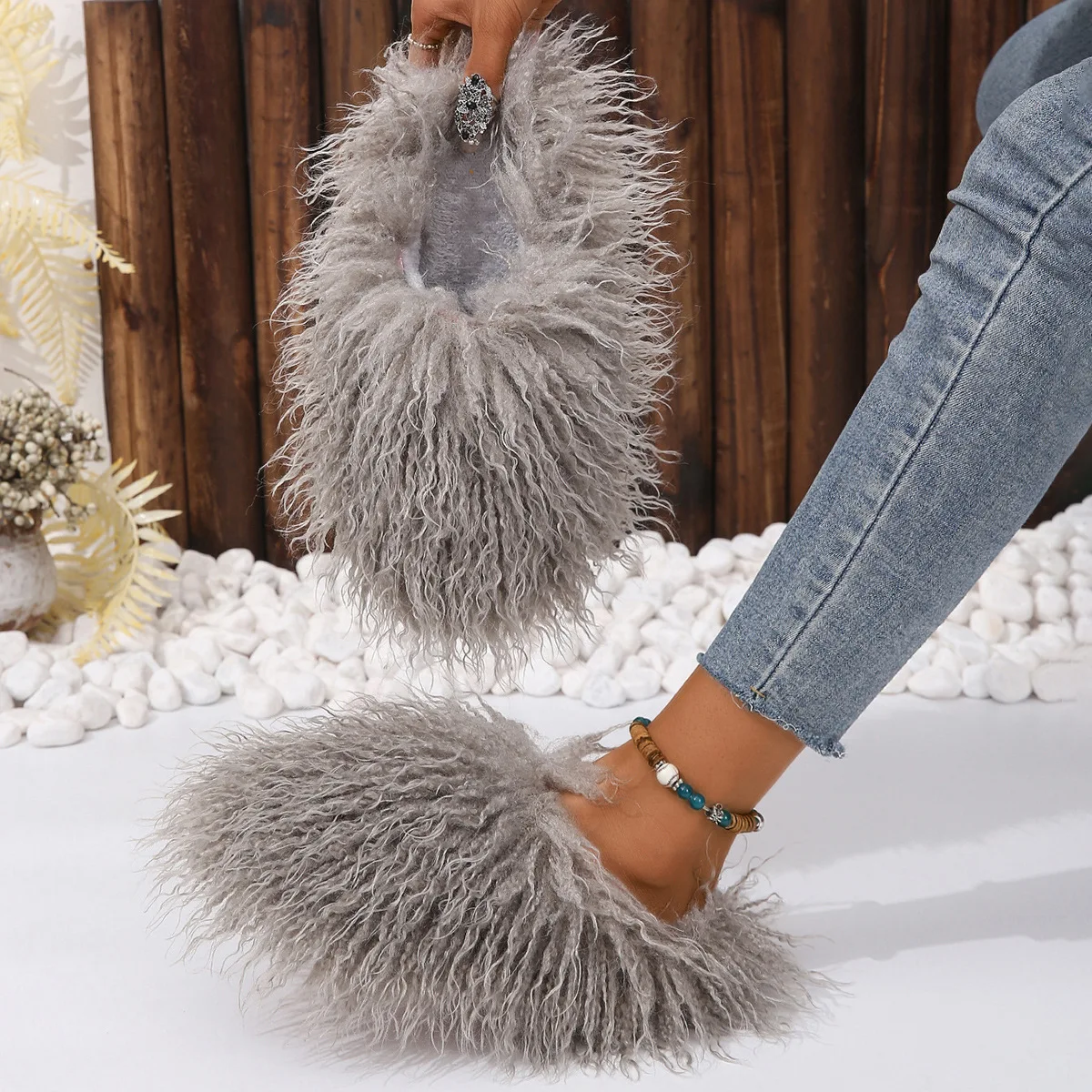 Imitation Wool Slippers Women Men Warm Autumn Winter Home Cotton Slippers Couple Mongolian Fur Slides Fashion Festival Fun Shoes