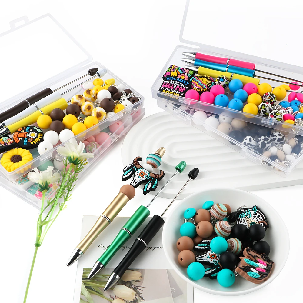 54 قطعة/الوحدة محاصر القلم/سيليكون حبة مستديرة/التركيز الخرز مزيج مجموعة للمجوهرات Keychain بها بنفسك المفاتيح القلم قلادة سوار إكسسوارات