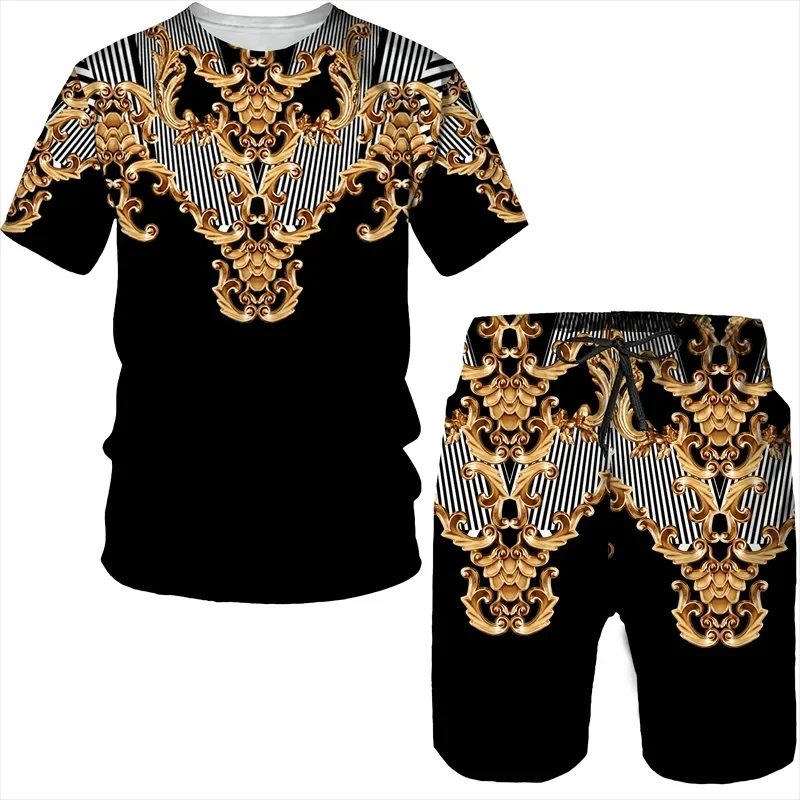 Conjuntos de camiseta e shorts de padrão dourado masculino, impresso em 3D, terno de duas peças, moletom masculino, roupas de verão, moda