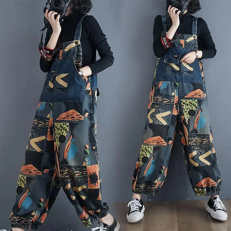 Korean version Women's Denim Overalls Autumn Winter Loose age reducing Printed Casual Lantern Pants Loose Female Jumpsuit