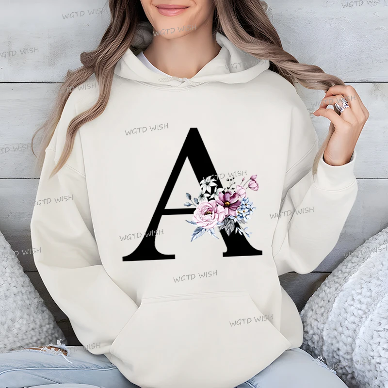 Rose Letter Print Hoodies Women Fashion Long Sleeves Loose Hooed Aesthetic Floral Alphabet A-Z Autumn Female Y2K Sweatshirts