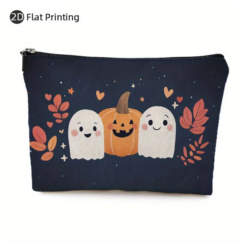 Urocza kosmetyczka z motywem ducha i dyni - wielofunkcyjna saszetka na zamek błyskawiczny, etui na biżuterię, idealna mała kosmetyczka podróżna na zamek błyskawiczny.