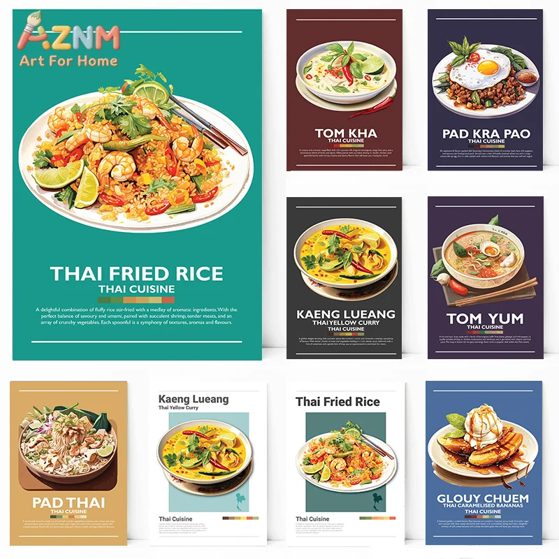 AZNM Rahmenloses Leinwandposter: Thai-Essen-Druck, Tom Yum Pad Thai Curry Gebratener Reis Illustration Wandkunst Bild für Restaurant-Set