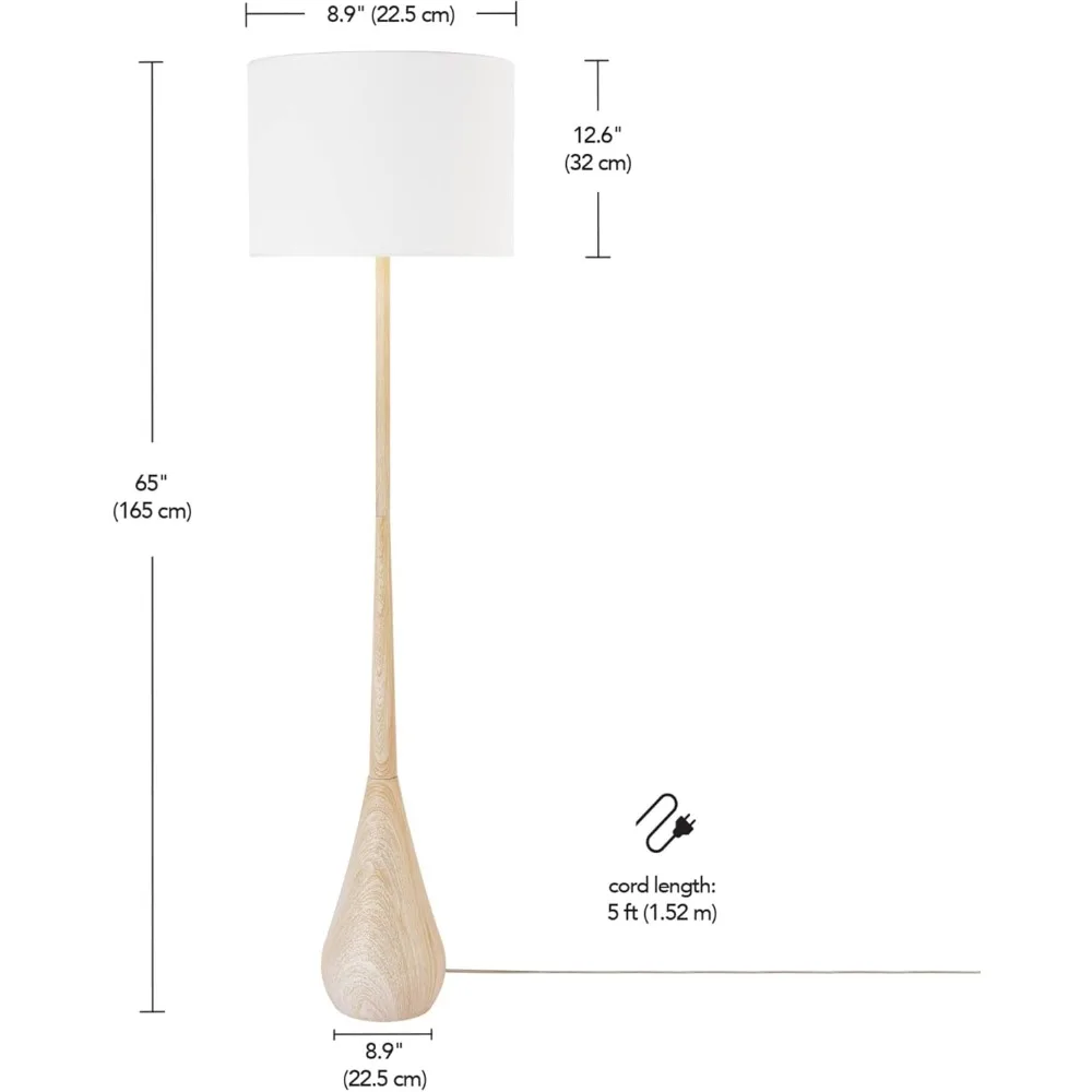 Lampada da terra Globe Electric 52112 65 con finitura in finto legno, paralume in cotone bianco, stile Japandi, base E26, adatta per letto moderno