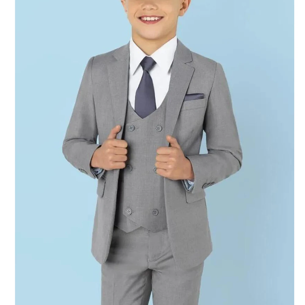 Grey Boy Suits 3 Piece High Quality Formal Casual Daily Slim Clothing Sets Fashion Notch Lapel Single Breasted Kids Clothes