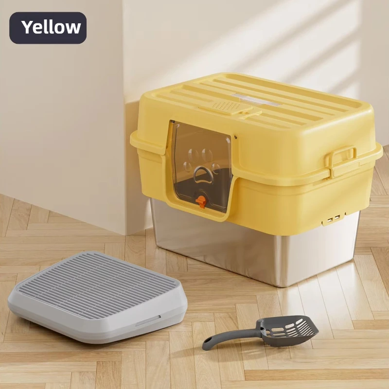 Vollständig geschlossene, übergroße Katzentoilette, tragbare Toilette aus Edelstahl und Kunststoff mit Spritz- und Urinenschutzzubehör