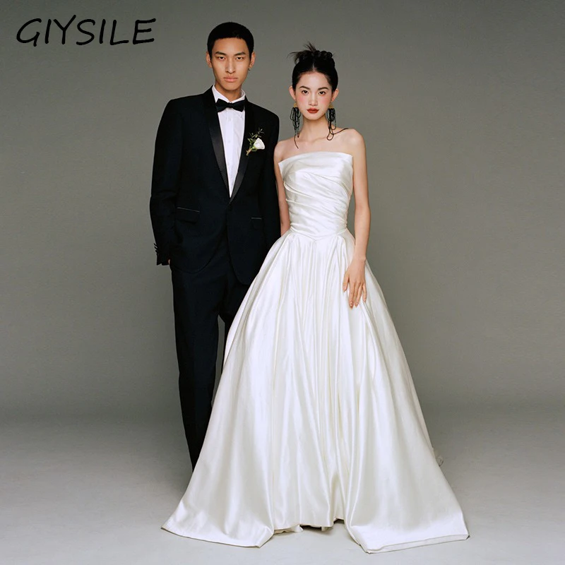 GIYSILE Simple Fluffy ซาตินเกาหลีชุดแต่งงานสําหรับผู้หญิงถ่ายภาพ Strapless ผลกําไรในรอบความยาวชุดเจ้าสาว Garden ชุดเจ้าสาว