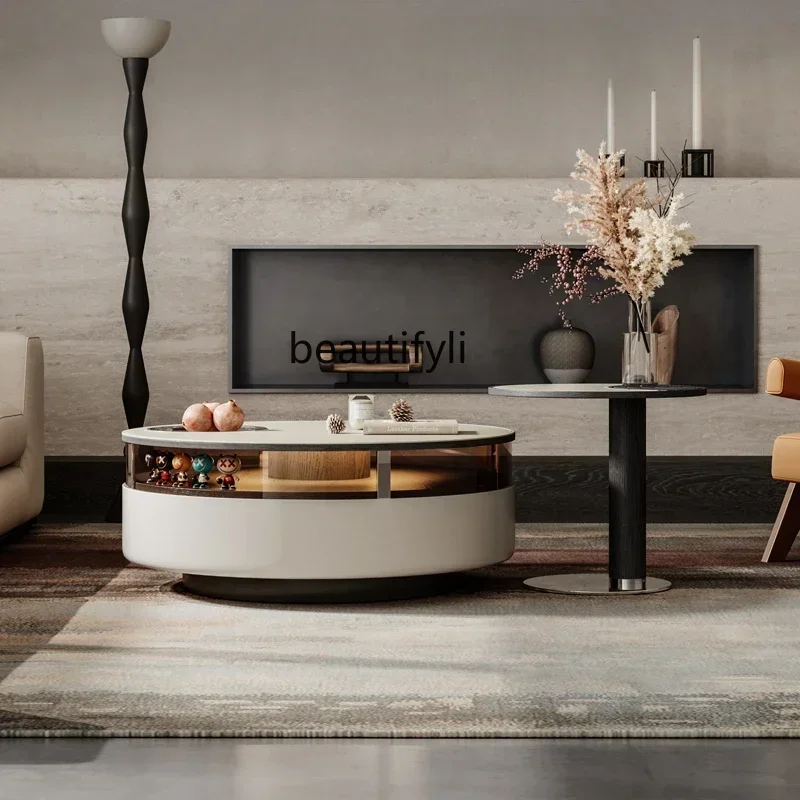 

yj32 Italian minimalist rotating designer creative wabi-sabi wind small apartment household saddle leather round coffee table