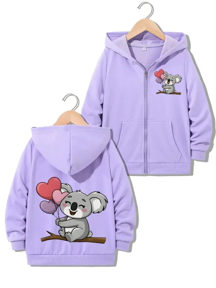 Light Gray Full Zip Hooded Coat For Girls Lovely Cartoon Koala Holding Colorful Heart Balloons Graphic Soft Daily Kids Outerwear
