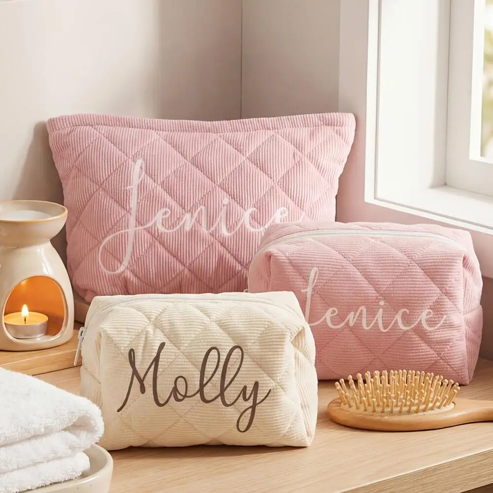 Custom Name Quilt Corduroy Cosmetic Bag Makeup Bag Portable Travel Toiletry Organizer with Free Refill Container Set 9-Piece Set