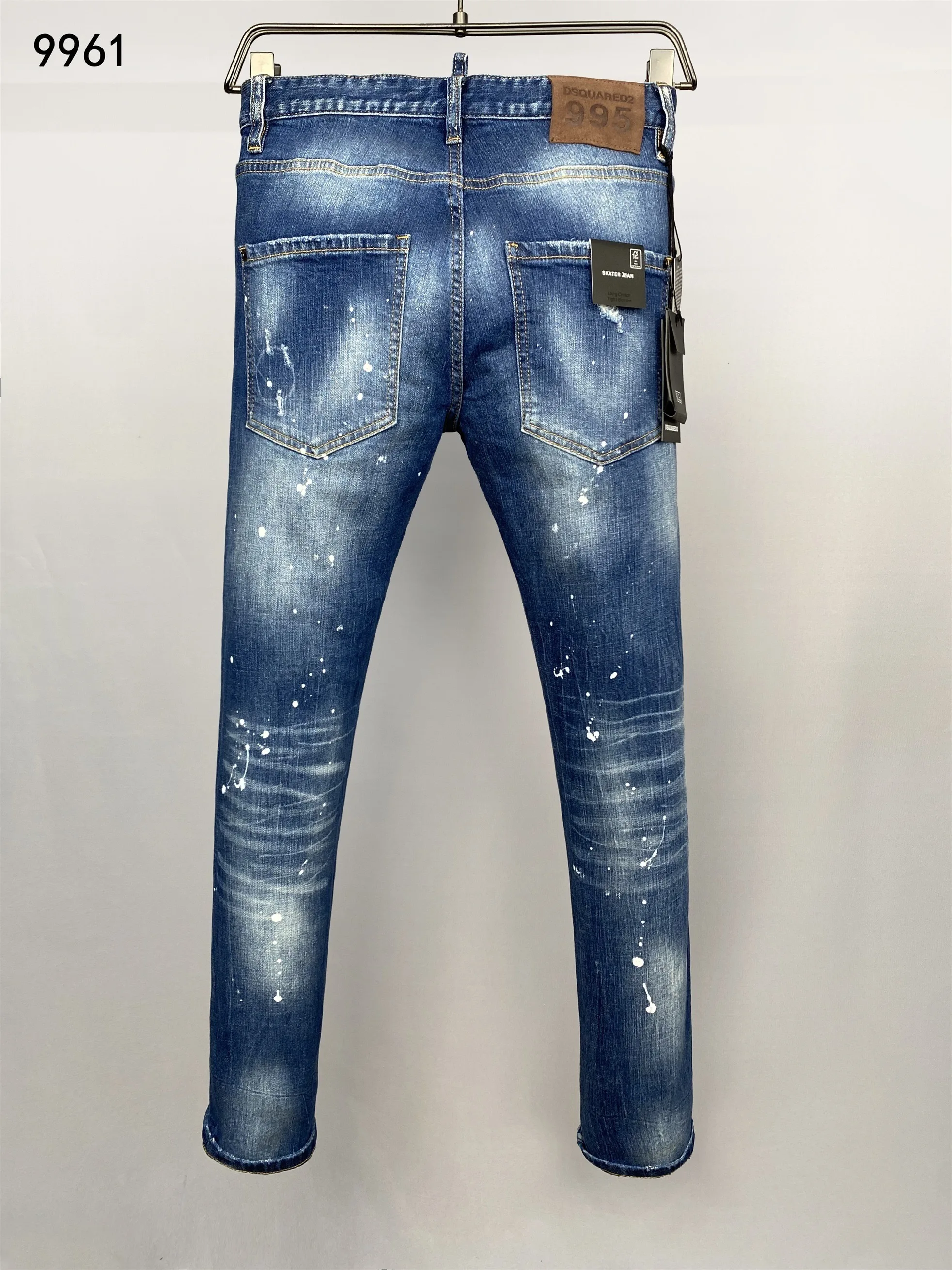 

Washed Slim Fit Men's Jeans D2 Style Patchwork Splashed Ink Blue DSQ2 Denim Pants Casual Breathable Comfortable Straight Leg ...