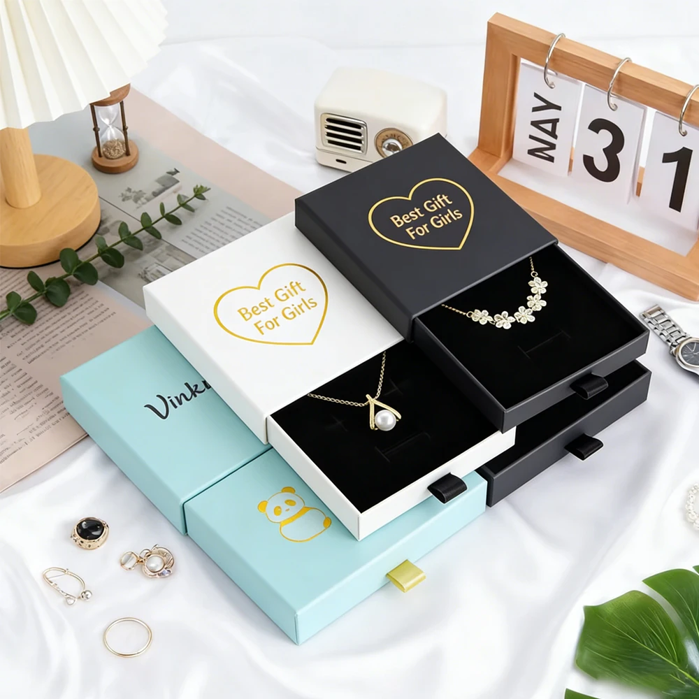 

100Pcs Personalized Logo Paper Drawer Jewelry Packaging Box For Necklace Bracelet Earrings Jewellry Display Gift Container Box